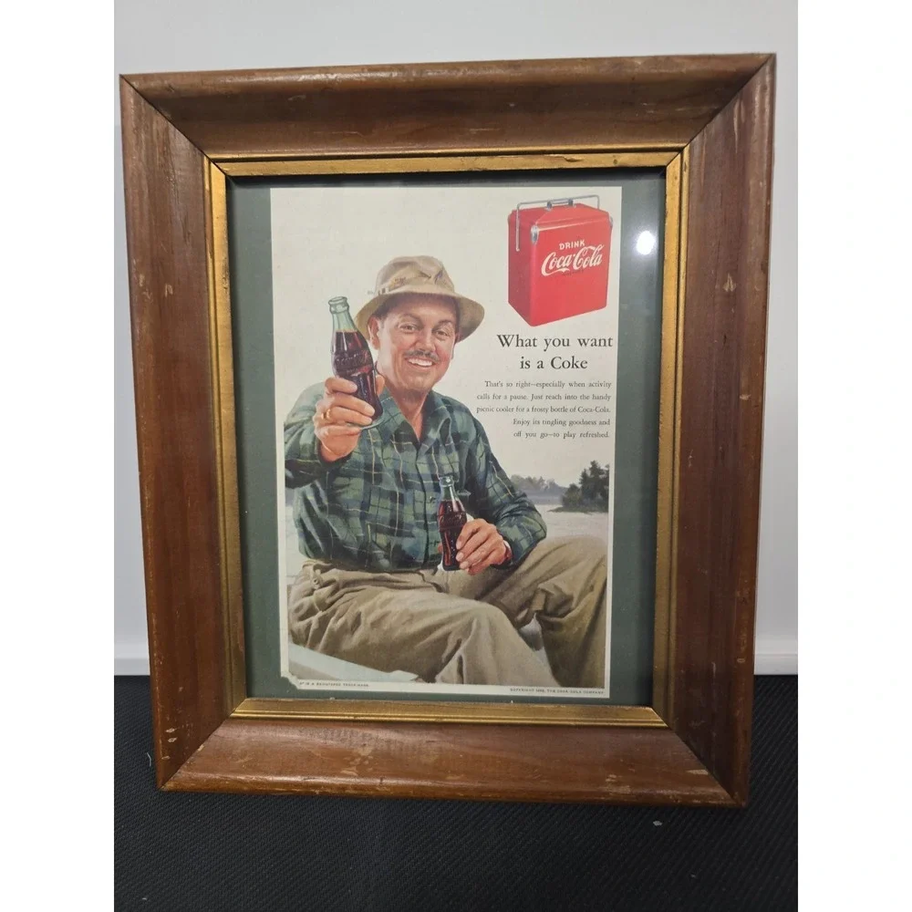 Vintage 1952 Coca-Cola Framed Magazine Ad Picnic Cooler Man Fishing Wood Frame